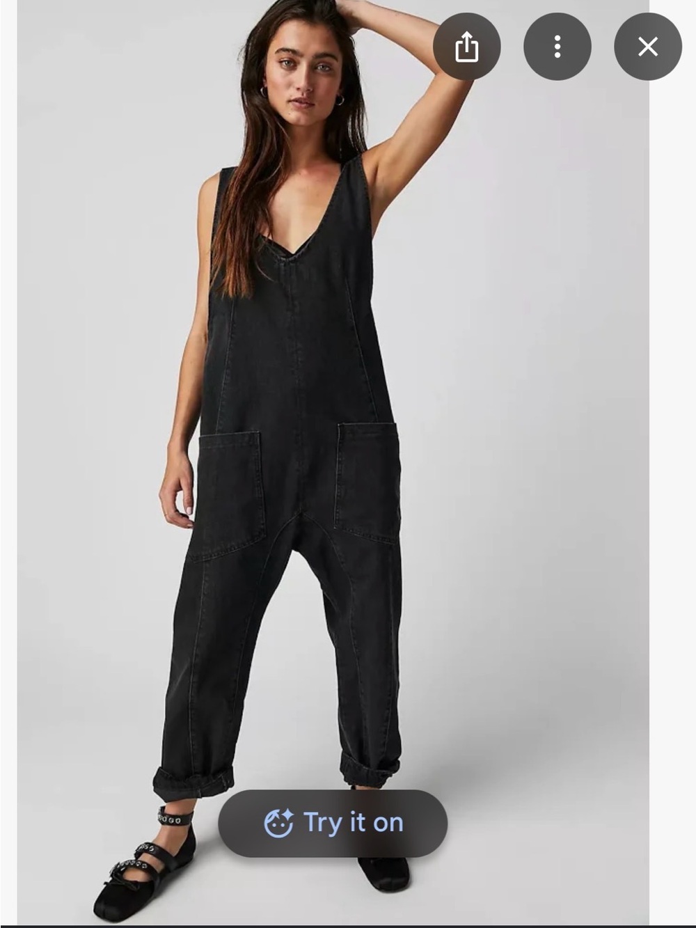 Free People Washed Black Denim V-Neck Overalls